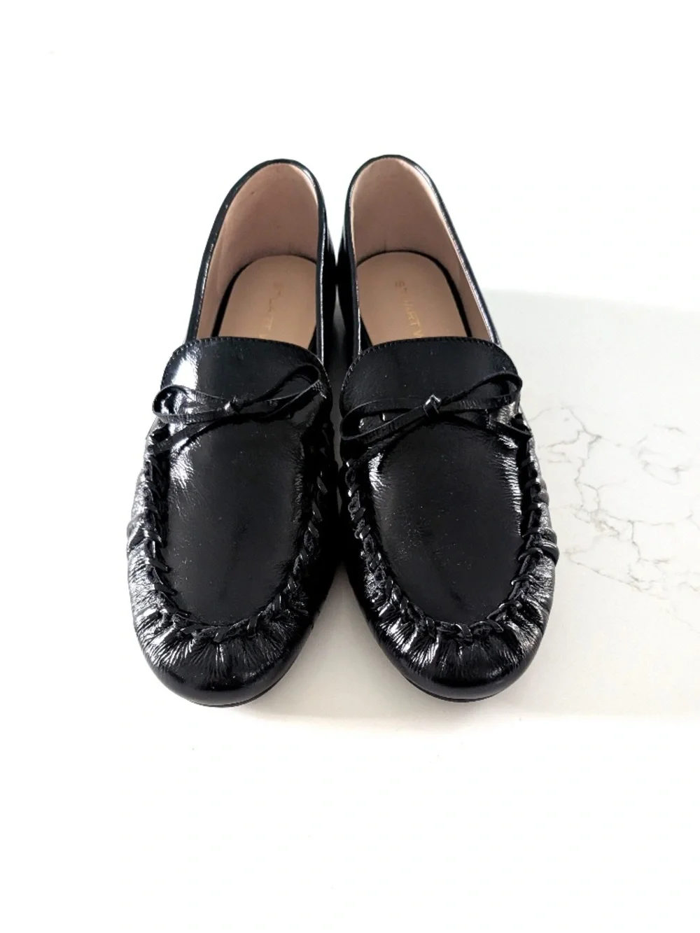 Stuart Weitzman Britt Bow Loafers Black Crinkled Patent Leather Flats 9.5B NIB